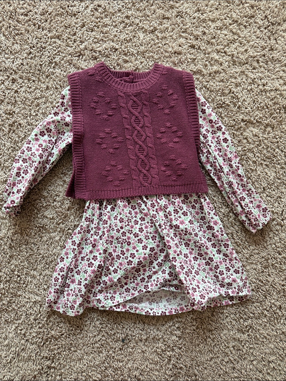 Nicole Miller Girls' Floral Long-Sleeve Dress with Burgundy Cable Knit Vest